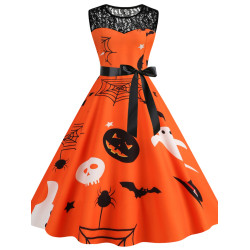 背心裙歐美萬聖節圓領蕾絲拼接南瓜蝙蝠印花修身無袖大擺連衣裙女