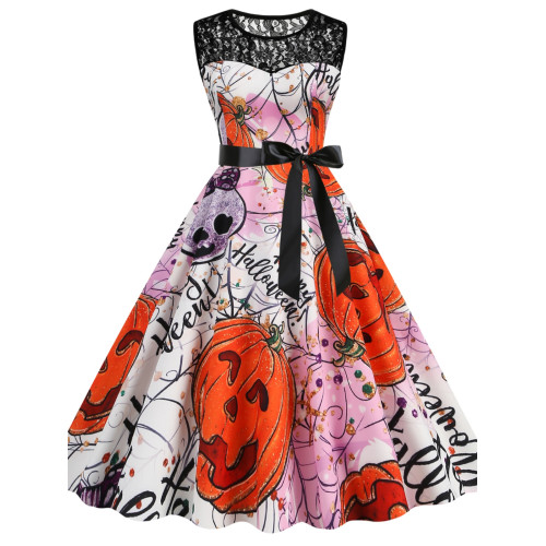 背心裙歐美萬聖節圓領蕾絲拼接南瓜蝙蝠印花修身無袖大擺連衣裙女