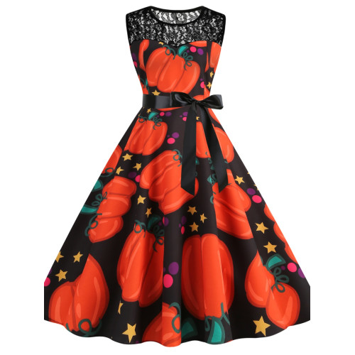 背心裙歐美萬聖節圓領蕾絲拼接南瓜蝙蝠印花修身無袖大擺連衣裙女