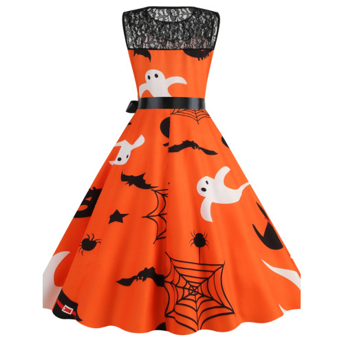 背心裙歐美萬聖節圓領蕾絲拼接南瓜蝙蝠印花修身無袖大擺連衣裙女