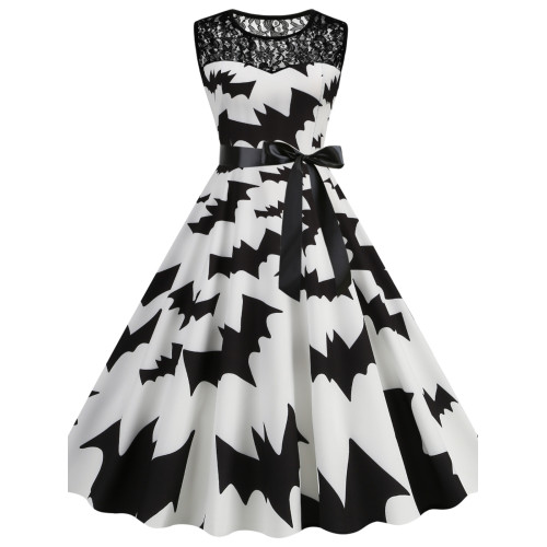 背心裙歐美萬聖節圓領蕾絲拼接南瓜蝙蝠印花修身無袖大擺連衣裙女