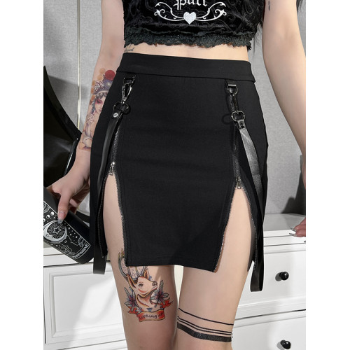 Wannathis萬聖節龐克風辣妹短裙性感包臀裙女黑色哥特開叉半身裙 Wannathis萬聖節龐克風辣妹短裙性感包臀裙女黑色哥特開叉半身裙