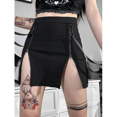 Wannathis萬聖節龐克風辣妹短裙性感包臀裙女黑色哥特開叉半身裙 Wannathis萬聖節龐克風辣妹短裙性感包臀裙女黑色哥特開叉半身裙