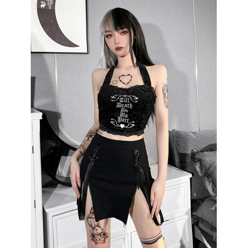 Wannathis萬聖節龐克風辣妹短裙性感包臀裙女黑色哥特開叉半身裙 Wannathis萬聖節龐克風辣妹短裙性感包臀裙女黑色哥特開叉半身裙