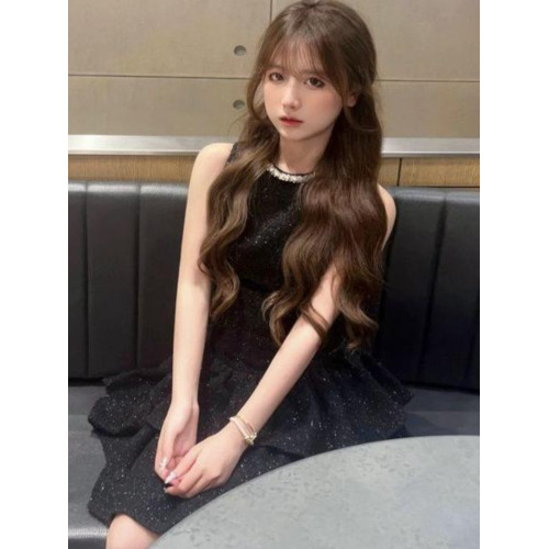 2025春季新款辣妹細閃鑽石領小黑裙背心裙女富家千金感生日小禮裙