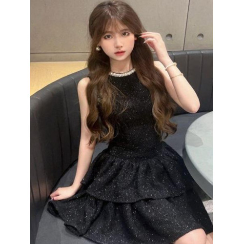 2025春季新款辣妹細閃鑽石領小黑裙背心裙女富家千金感生日小禮裙