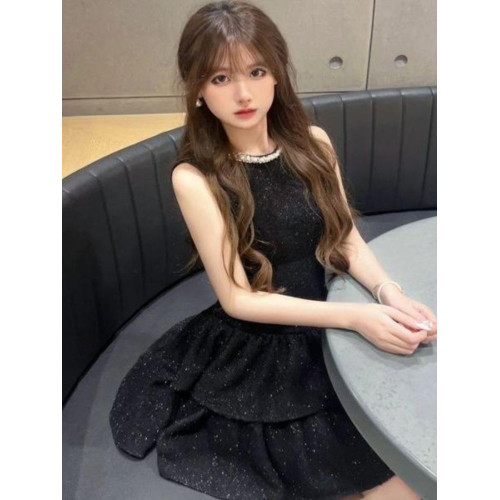 2025春季新款辣妹細閃鑽石領小黑裙背心裙女富家千金感生日小禮裙