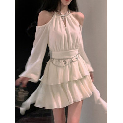 多巴胺韓劇女主穿搭新款大碼茶歇法式氣質公主掛脖吊帶連衣裙女裝