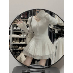 法式V領白色針織毛衣連衣裙女秋冬氣質內搭打底裙收腰修身短裙子