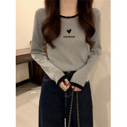 撞色正肩長袖t恤女2025春秋款拼接純棉內搭短款減齡打底衫上衣潮