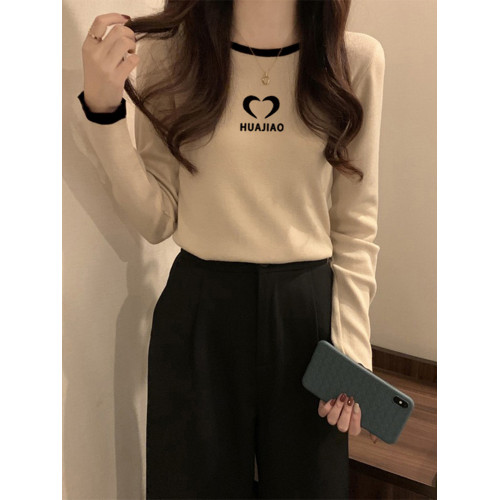 撞色正肩長袖t恤女2025春秋款拼接純棉內搭短款減齡打底衫上衣潮