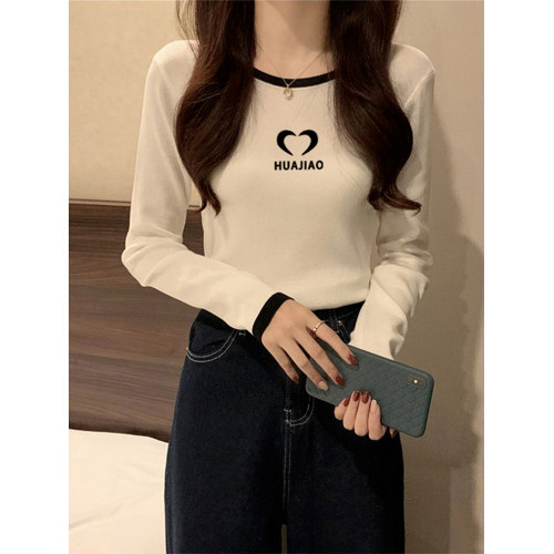 撞色正肩長袖t恤女2025春秋款拼接純棉內搭短款減齡打底衫上衣潮