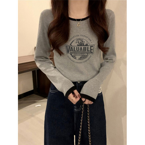 撞色正肩長袖t恤女2025春秋款拼接純棉內搭短款減齡打底衫上衣潮