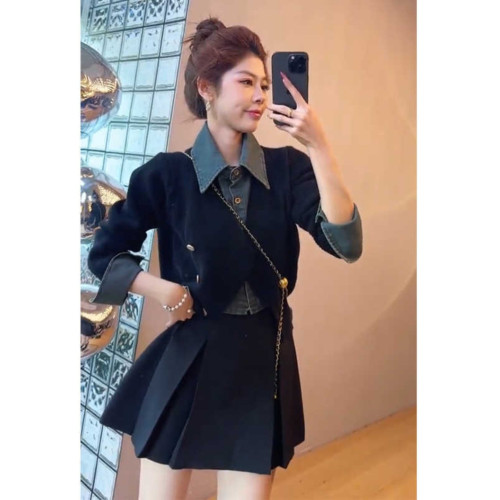 廣州十三行爆款針織毛衣牛仔拼接假兩件穿搭新款時尚女氣質小個子