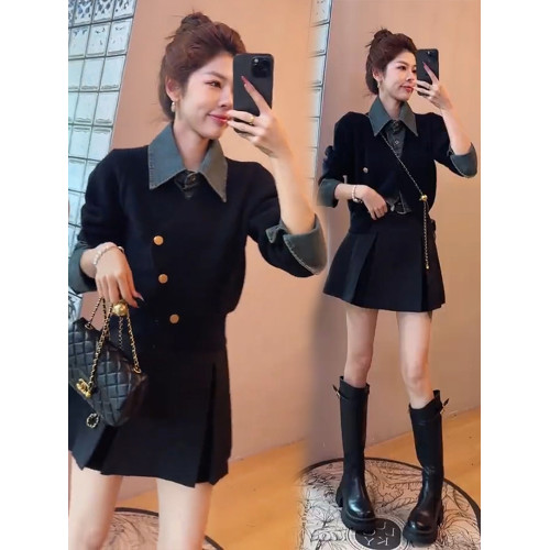 廣州十三行爆款針織毛衣牛仔拼接假兩件穿搭新款時尚女氣質小個子