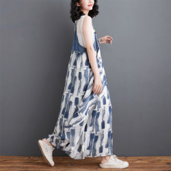 夏季2024新款韓版時尚牛仔拼接雪紡背帶裙洋氣大碼顯瘦歐貨連衣裙