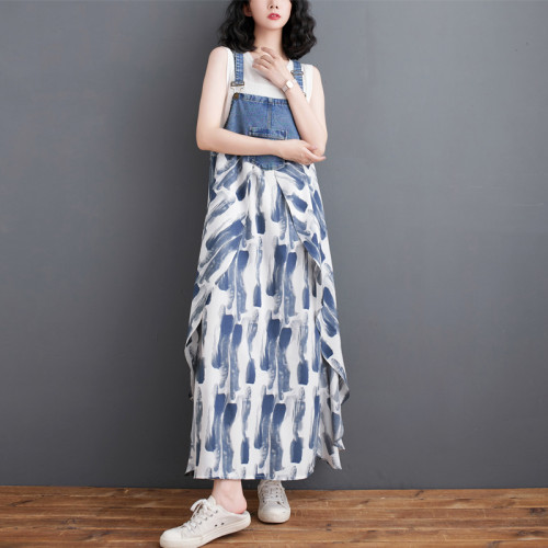 夏季2024新款韓版時尚牛仔拼接雪紡背帶裙洋氣大碼顯瘦歐貨連衣裙