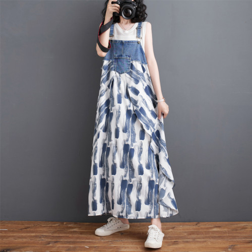 夏季2024新款韓版時尚牛仔拼接雪紡背帶裙洋氣大碼顯瘦歐貨連衣裙