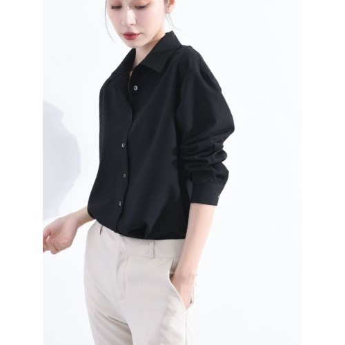 免燙不皺莫代爾純棉襯衫女抗皺氣質黑色襯衣曡穿春秋內搭長袖上衣