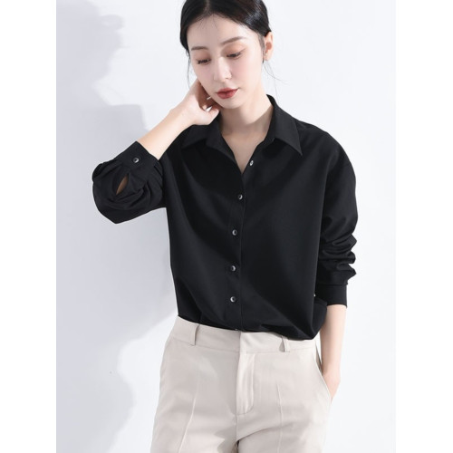 免燙不皺莫代爾純棉襯衫女抗皺氣質黑色襯衣曡穿春秋內搭長袖上衣