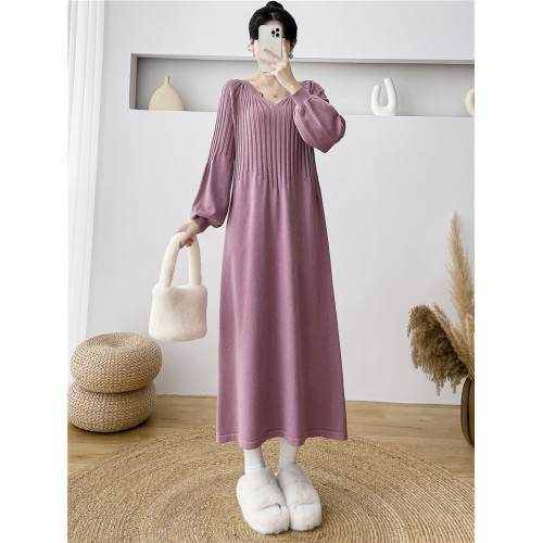 秋冬新款寬松顯瘦長袖針織連衣裙高級感長款打底內搭毛衣裙女長裙