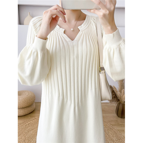 秋冬新款寬松顯瘦長袖針織連衣裙高級感長款打底內搭毛衣裙女長裙