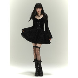 幽靈少女哥特風女裝黑色喇叭袖連衣裙子亞文化萬聖節穿搭cos服裝