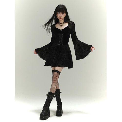 幽靈少女哥特風女裝黑色喇叭袖連衣裙子亞文化萬聖節穿搭cos服裝