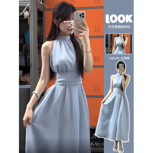 藍色法式無袖掛脖露肩連衣裙子女夏季2025新款氣質海邊小個子長裙 藍色法式無袖掛脖露肩連衣裙子女夏季2025新款氣質海邊小個子長裙