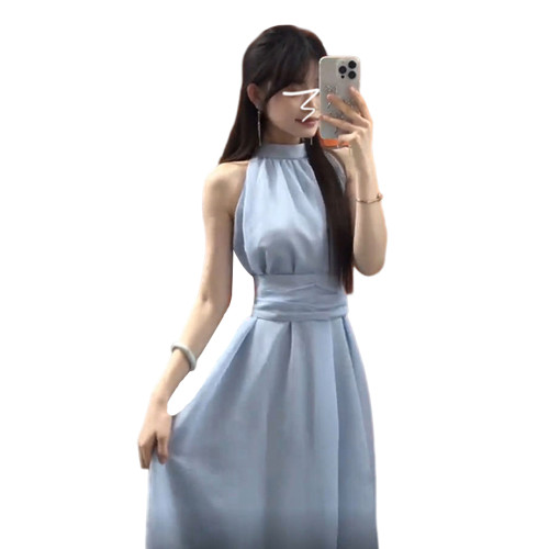藍色法式無袖掛脖露肩連衣裙子女夏季2025新款氣質海邊小個子長裙 藍色法式無袖掛脖露肩連衣裙子女夏季2025新款氣質海邊小個子長裙