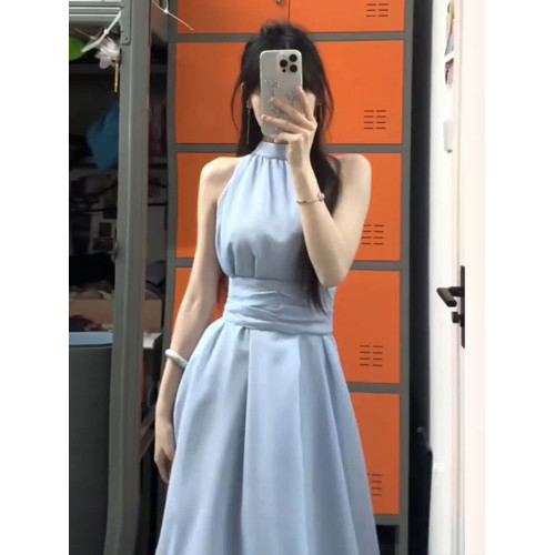 藍色法式無袖掛脖露肩連衣裙子女夏季2025新款氣質海邊小個子長裙 藍色法式無袖掛脖露肩連衣裙子女夏季2025新款氣質海邊小個子長裙