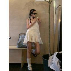 198布丁自製 芭蕾風純欲木耳邊吊帶連衣裙2025夏季韓版白色背心裙