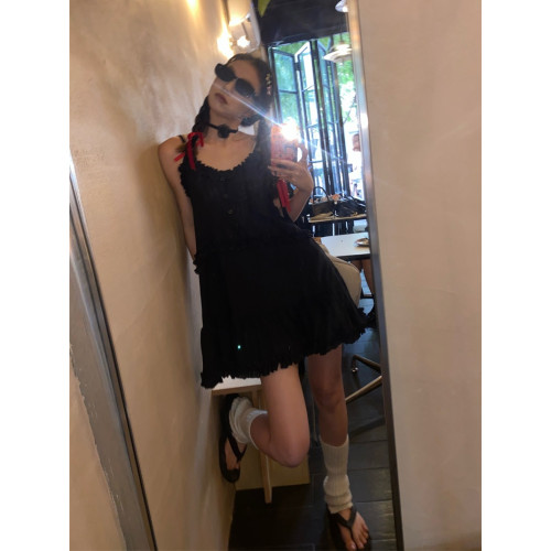 198布丁自製 芭蕾風純欲木耳邊吊帶連衣裙2025夏季韓版白色背心裙