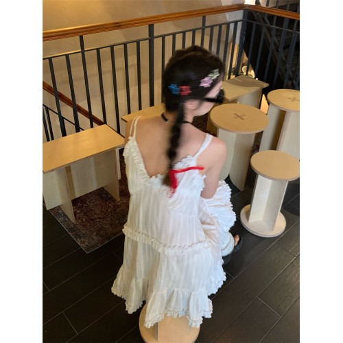 198布丁自製 芭蕾風純欲木耳邊吊帶連衣裙2025夏季韓版白色背心裙