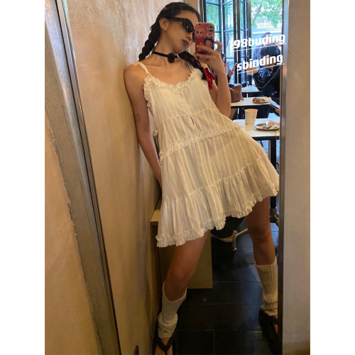 198布丁自製 芭蕾風純欲木耳邊吊帶連衣裙2025夏季韓版白色背心裙