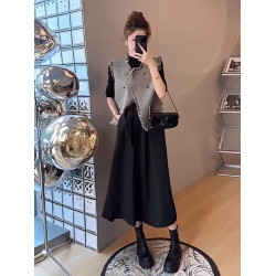 胖mm時尚顯瘦遮肉套裝女大碼秋季新款流蘇馬甲長袖連衣裙子兩件套