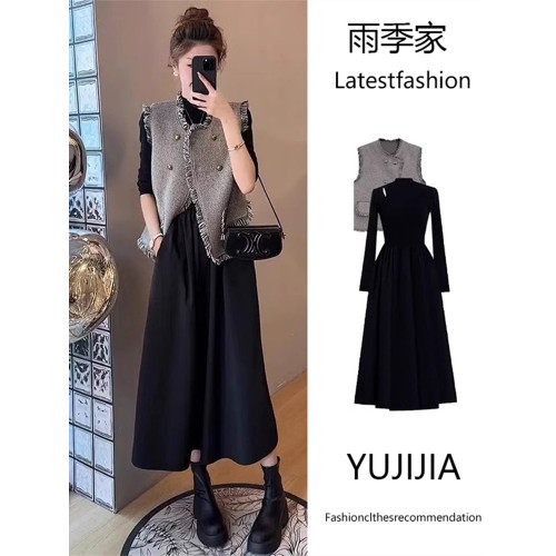 胖mm時尚顯瘦遮肉套裝女大碼秋季新款流蘇馬甲長袖連衣裙子兩件套
