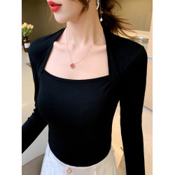 黑色方領上衣女長袖春秋設計感莫代爾T恤韓國修身顯瘦赫本打底衫