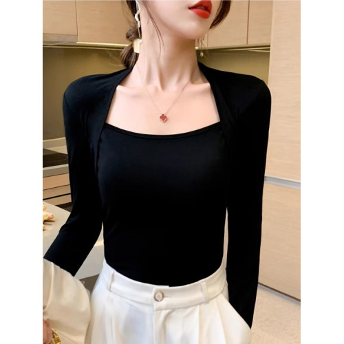 黑色方領上衣女長袖春秋設計感莫代爾T恤韓國修身顯瘦赫本打底衫 黑色方領上衣女長袖春秋設計感莫代爾T恤韓國修身顯瘦赫本打底衫