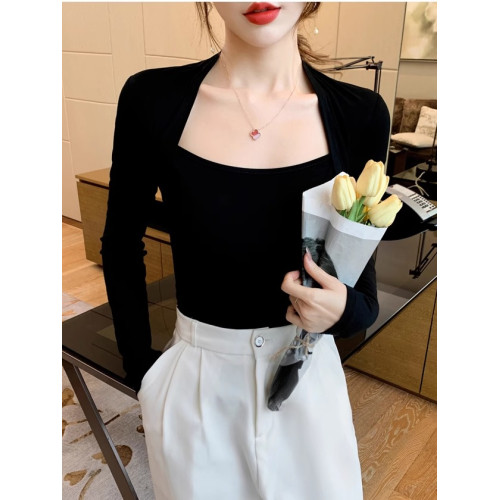 黑色方領上衣女長袖春秋設計感莫代爾T恤韓國修身顯瘦赫本打底衫 黑色方領上衣女長袖春秋設計感莫代爾T恤韓國修身顯瘦赫本打底衫