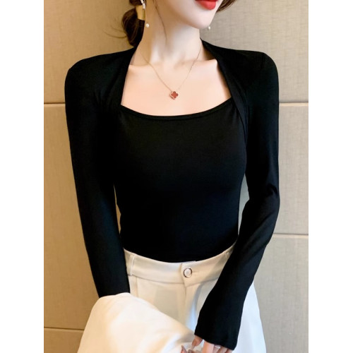 黑色方領上衣女長袖春秋設計感莫代爾T恤韓國修身顯瘦赫本打底衫 黑色方領上衣女長袖春秋設計感莫代爾T恤韓國修身顯瘦赫本打底衫