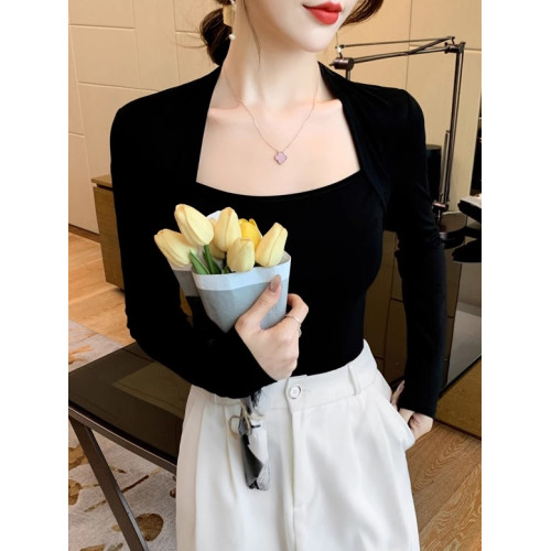 黑色方領上衣女長袖春秋設計感莫代爾T恤韓國修身顯瘦赫本打底衫 黑色方領上衣女長袖春秋設計感莫代爾T恤韓國修身顯瘦赫本打底衫