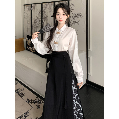 秋季大碼新中式女裝套裝裙國風漢服襯衫上衣高腰a字馬面裙兩件套