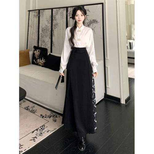 秋季大碼新中式女裝套裝裙國風漢服襯衫上衣高腰a字馬面裙兩件套