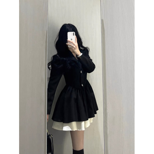 小香風西裝連衣裙小個子高級感氣質收腰公主蓬蓬裙約會穿搭小黑裙