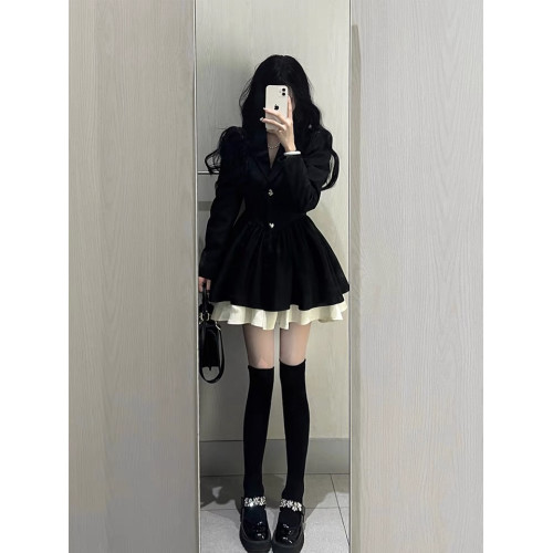 小香風西裝連衣裙小個子高級感氣質收腰公主蓬蓬裙約會穿搭小黑裙