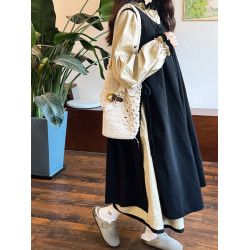 森系法式復古感燈籠袖兩件套連衣裙高腰寬松曡穿打底裙罩衫裙長裙