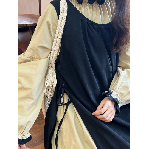 森系法式復古感燈籠袖兩件套連衣裙高腰寬松曡穿打底裙罩衫裙長裙