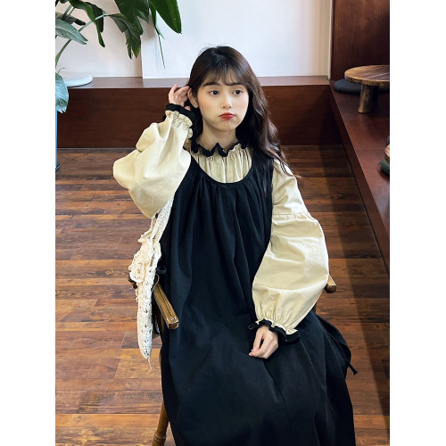 森系法式復古感燈籠袖兩件套連衣裙高腰寬松曡穿打底裙罩衫裙長裙