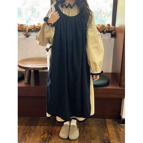 森系法式復古感燈籠袖兩件套連衣裙高腰寬松曡穿打底裙罩衫裙長裙